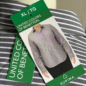 United Color’s of Benetton Classic Men’s Striped Button-Up Shirt gray/white XL